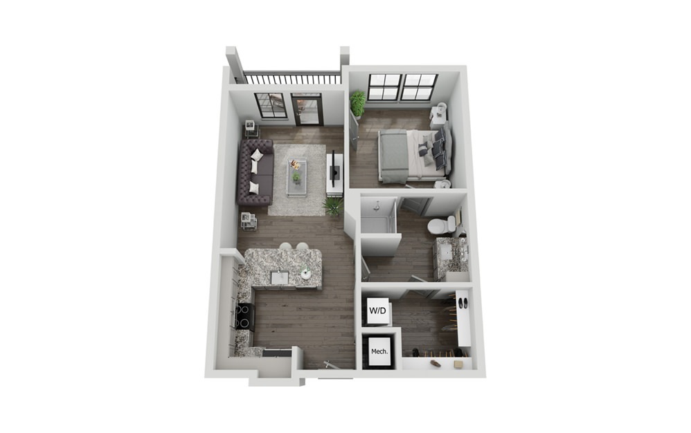 A1 - 1 bedroom floorplan layout with 1 bath and 671 to 673 square feet.