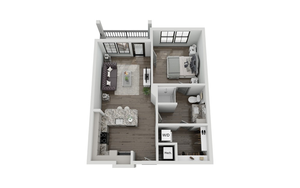 A2 - 1 bedroom floorplan layout with 1 bath and 733 to 737 square feet.