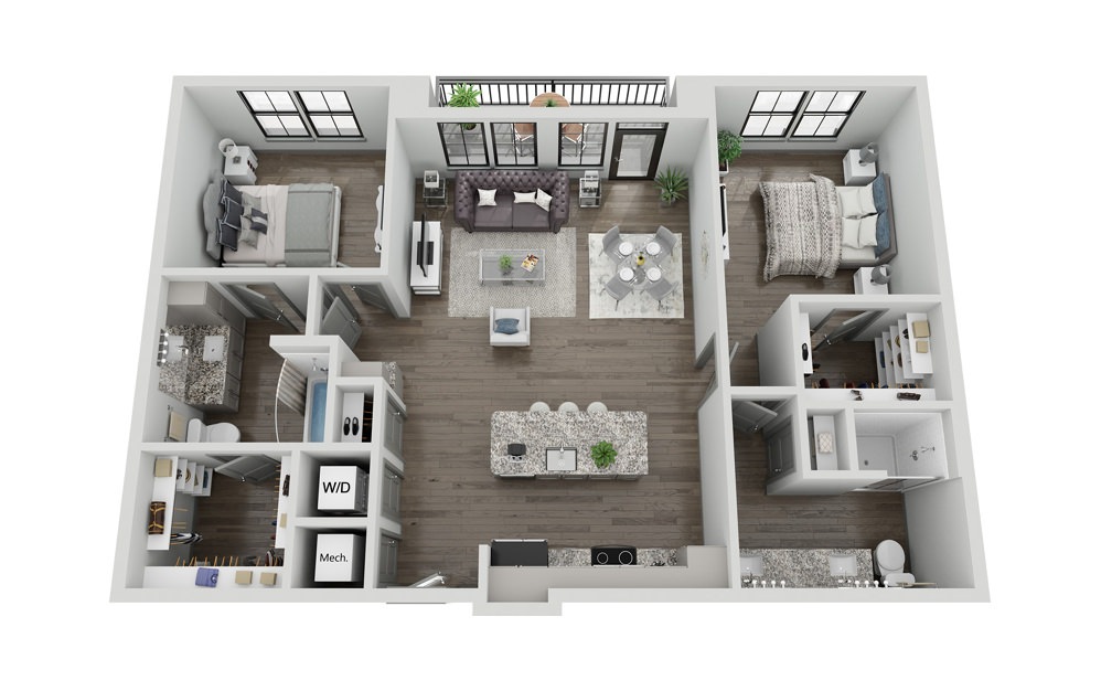 B2 - 2 bedroom floorplan layout with 2 baths and 1245 to 1272 square feet.